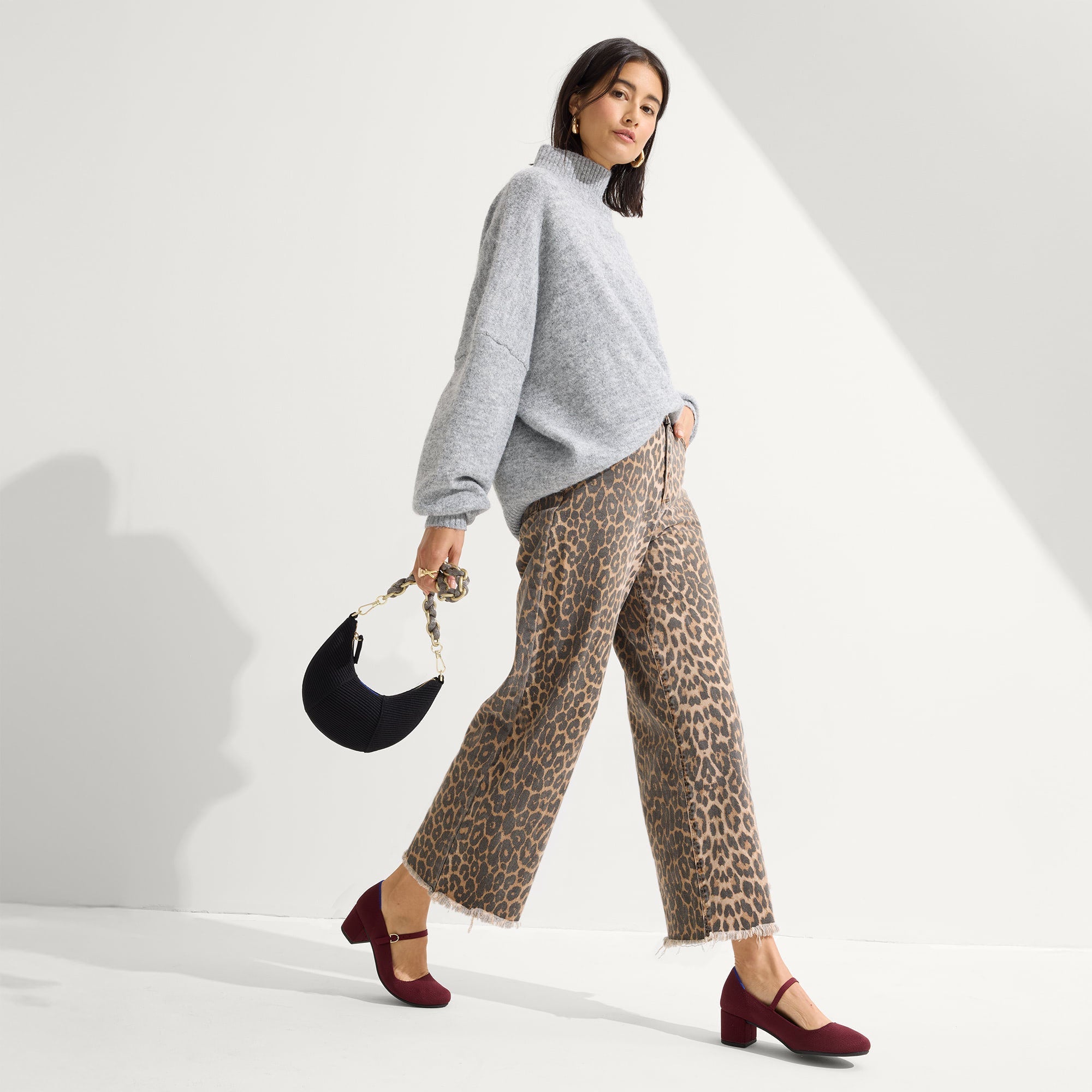 Alternate view of a model wearing The Mary Jane Heel in Wine Red.