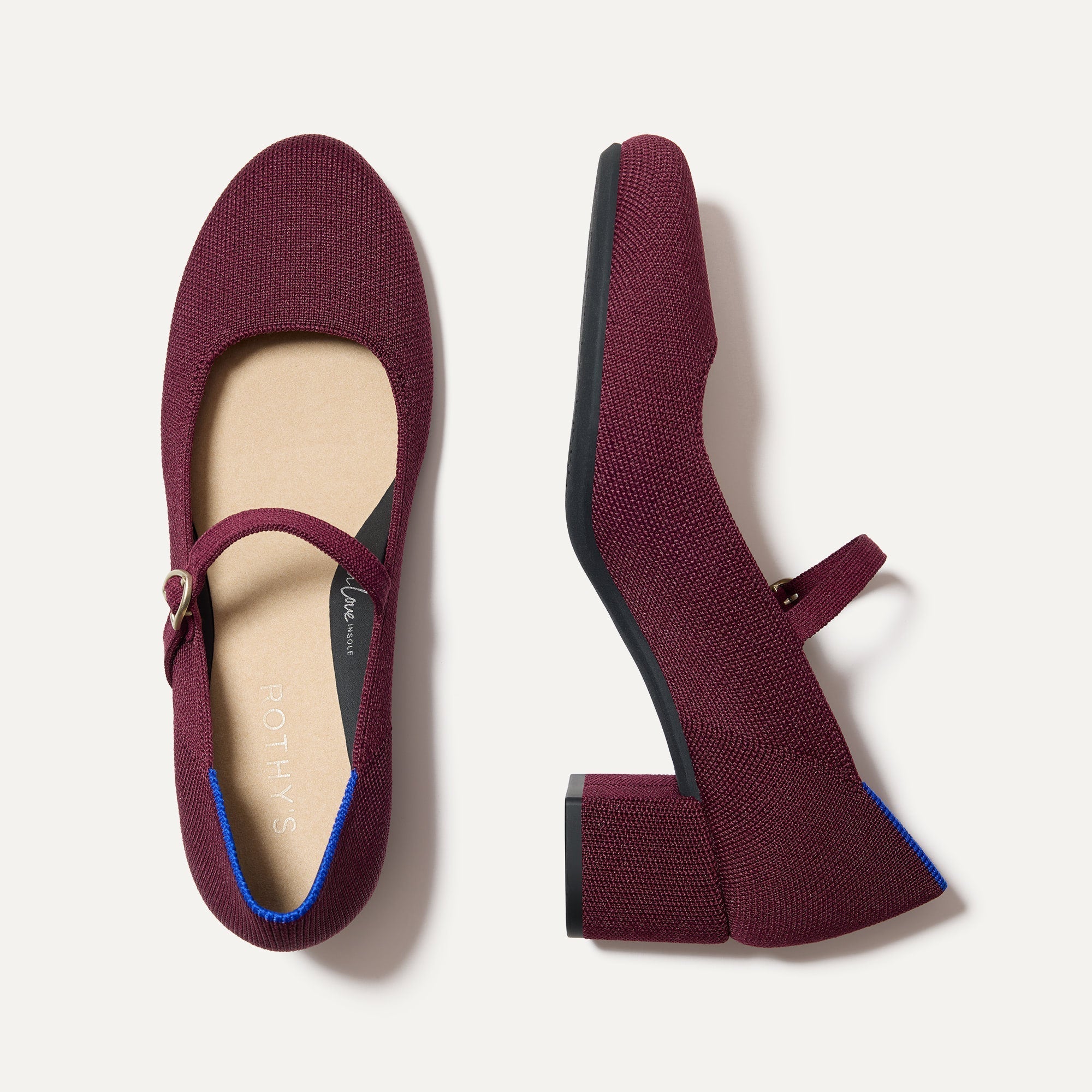 The Mary Jane Heel in Wine Red shown from the top.