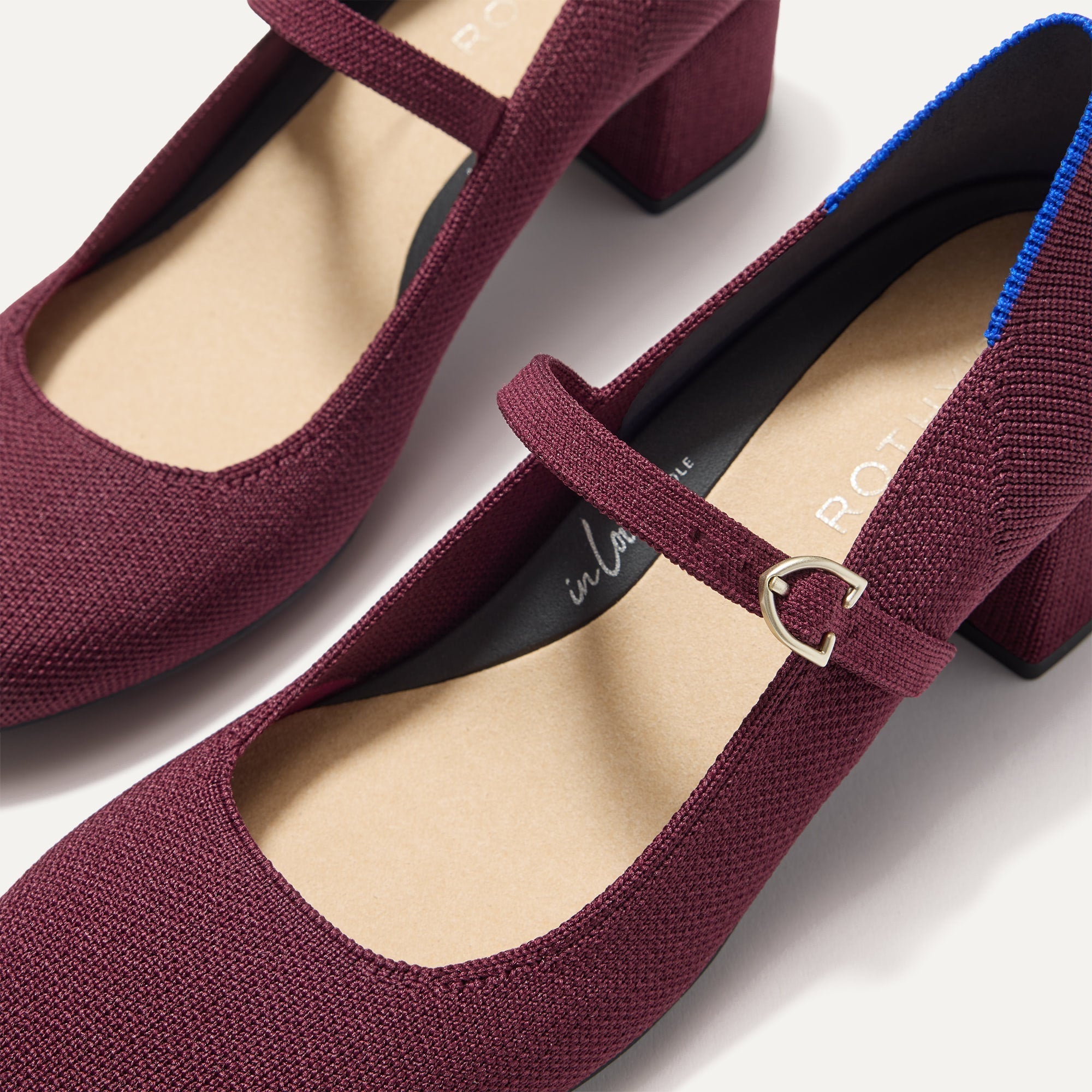 The toe and vamp of The Mary Jane Heel in Wine Red, in diagonal view.