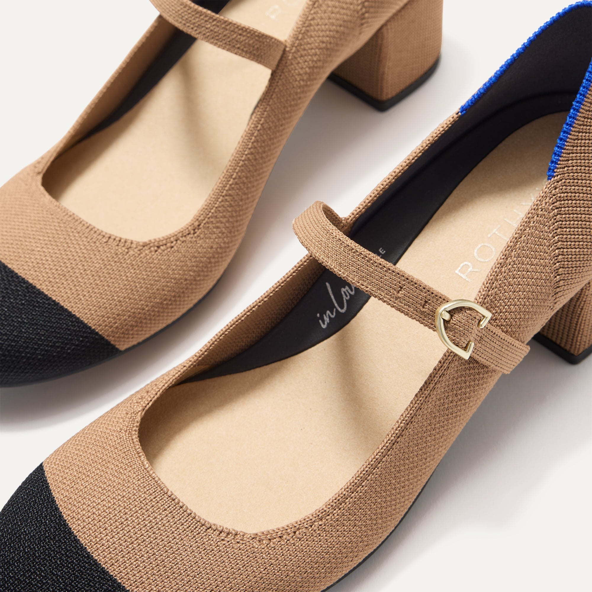 The toe and vamp of The Mary Jane Heel in Wren Captoe, in diagonal view.