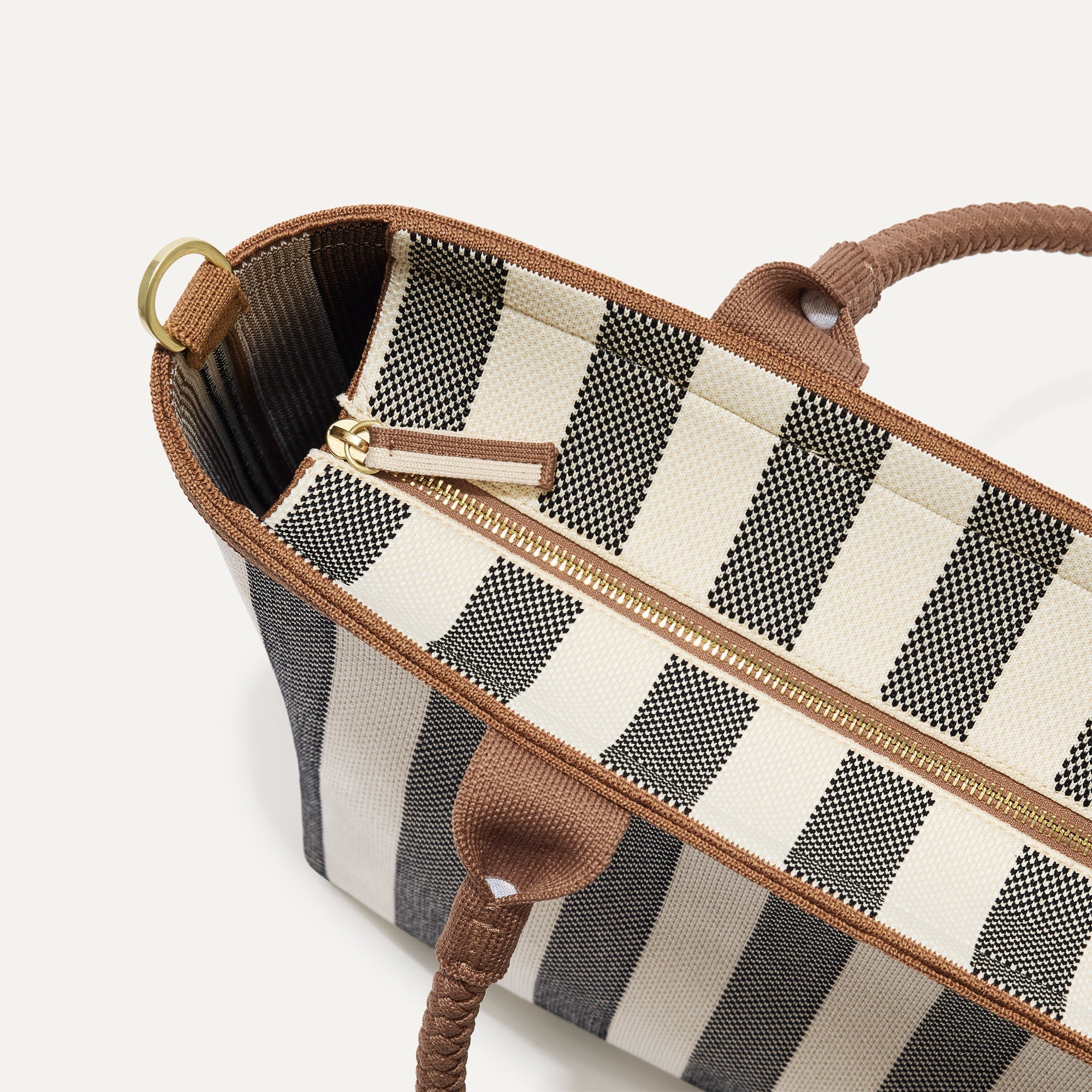 A close up of The Lightweight Zip Tote in Cabana Stripe  focusing on the zip closure and handles.