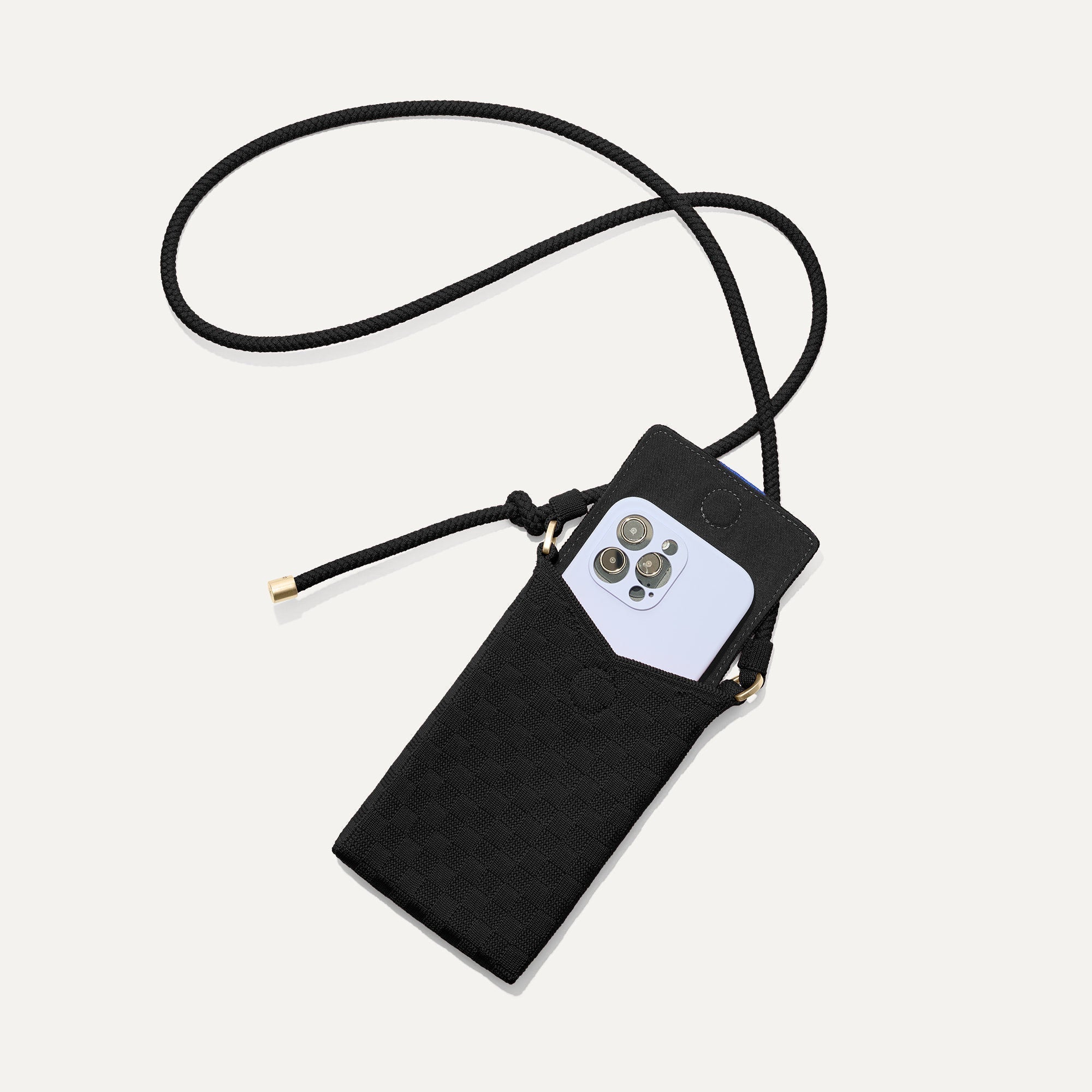 The Phone Crossbody in Black Sand shown from above with an iPhone inside.