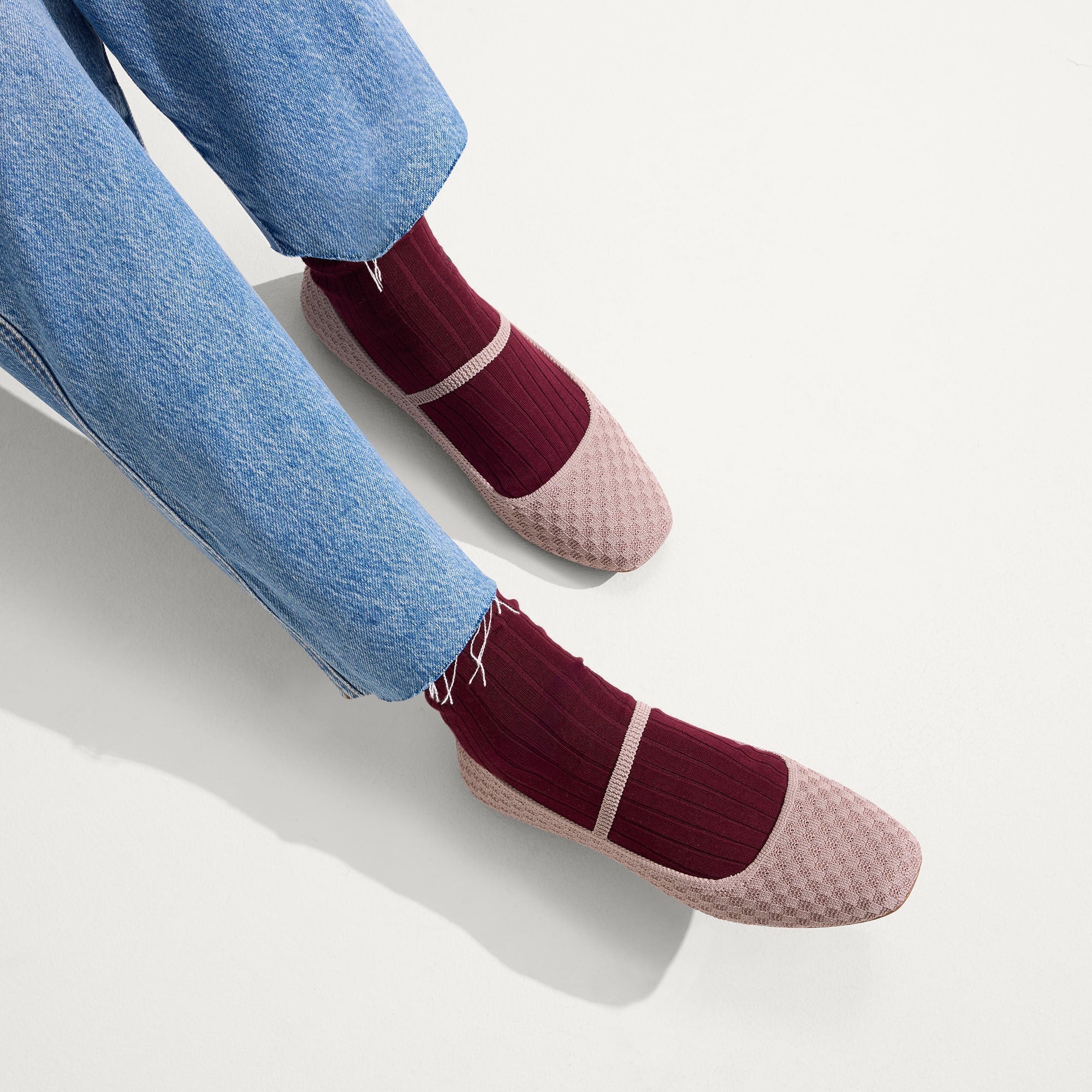 hover | Model wearing The Max Square Mary Jane in Dusty Lilac Basketweave.