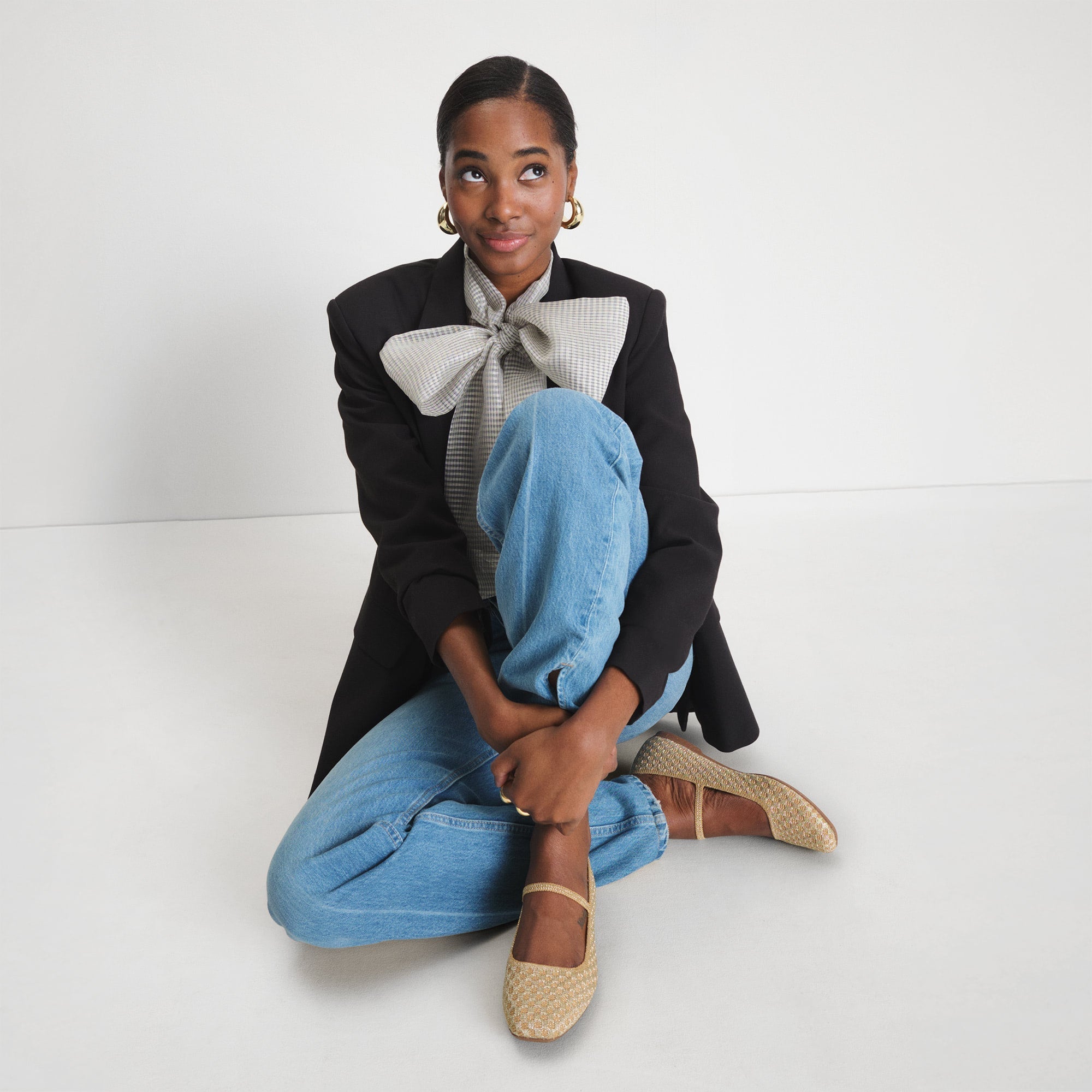 Alternate view of a model wearing The Max Square Mary Jane in Golden Crisp Basketweave.