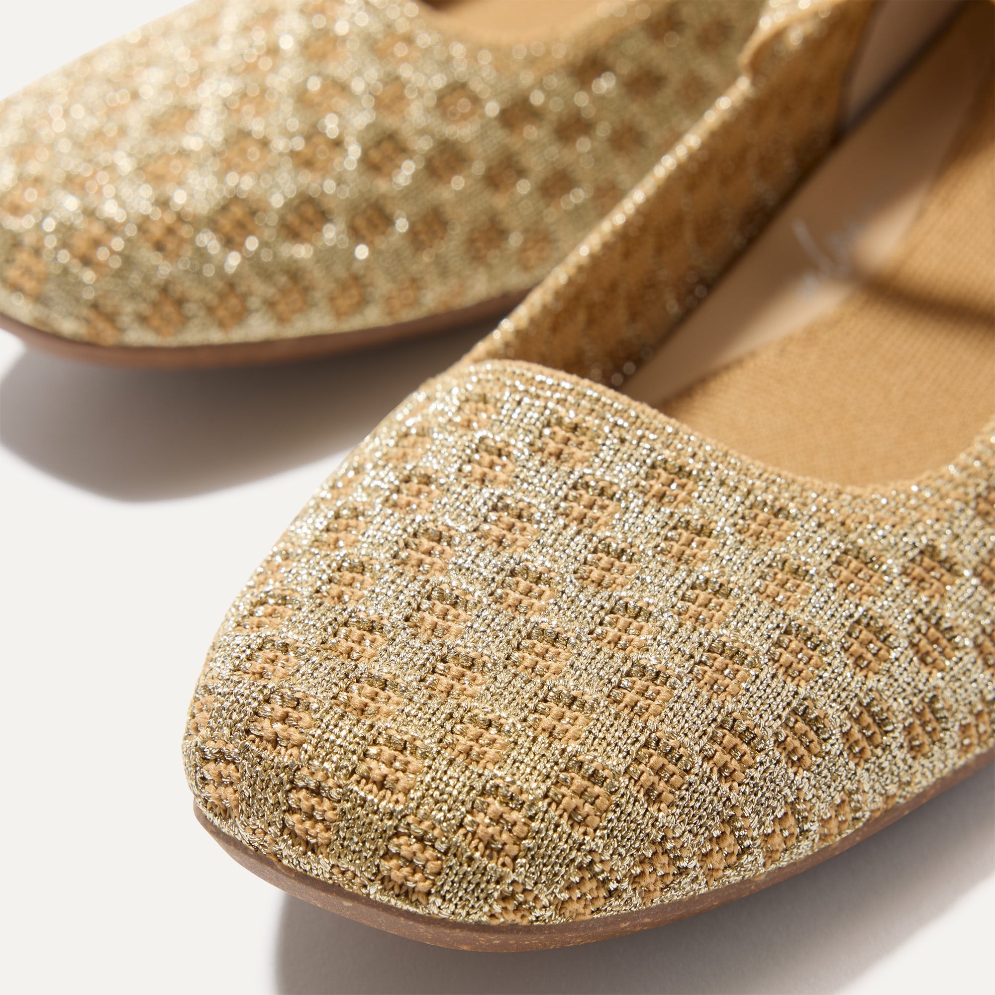Top view of the square toe and rounded vamp of The Max Square Mary Jane in Golden Crisp Basketweave.