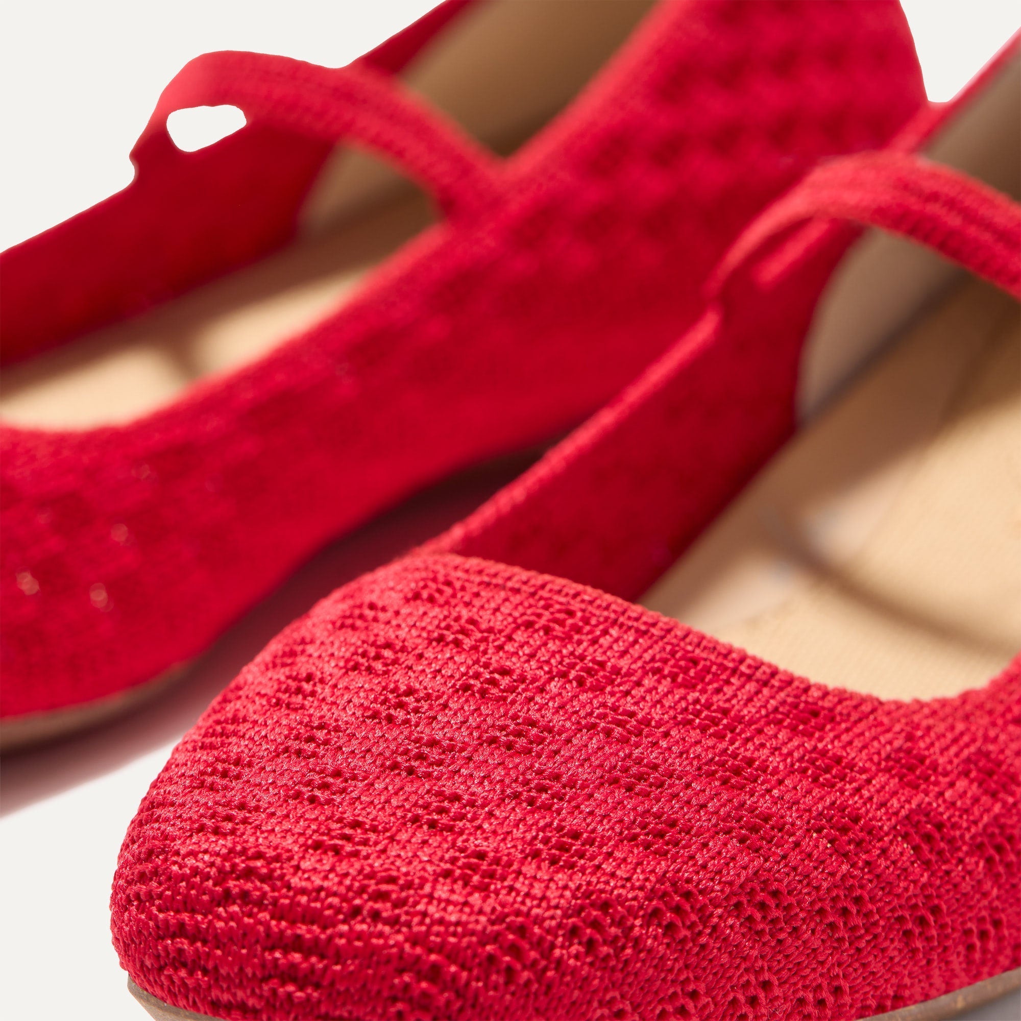 Top view of the square toe and rounded vamp of The Max Square Mary Jane in Red Crisp Basketweave.