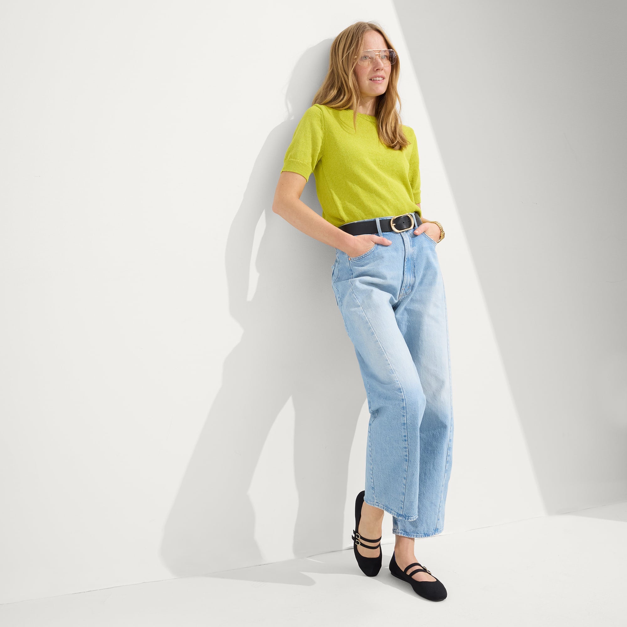 Alternate view of a model wearing The Double Buckle Mary Jane in Black.