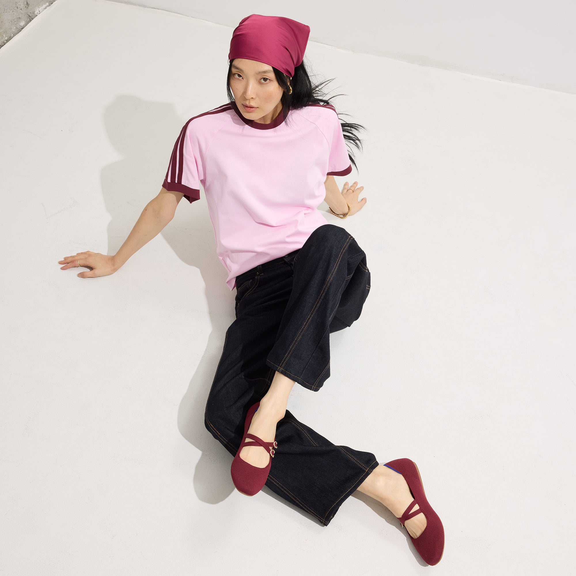 Alternate view of a model wearing The Double Buckle Mary Jane in Cabernet.