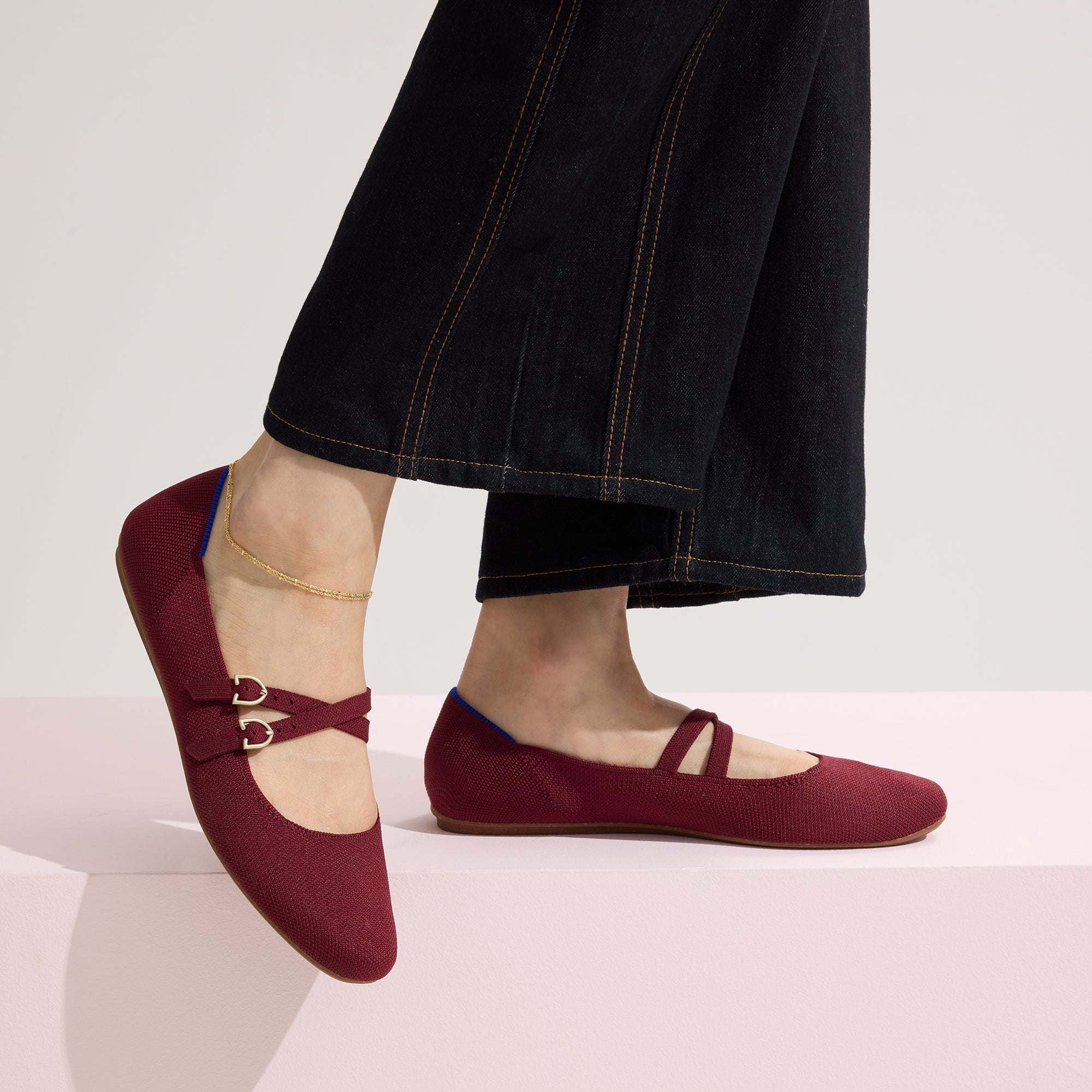 hover | Model wearing The Double Buckle Mary Jane in Cabernet.