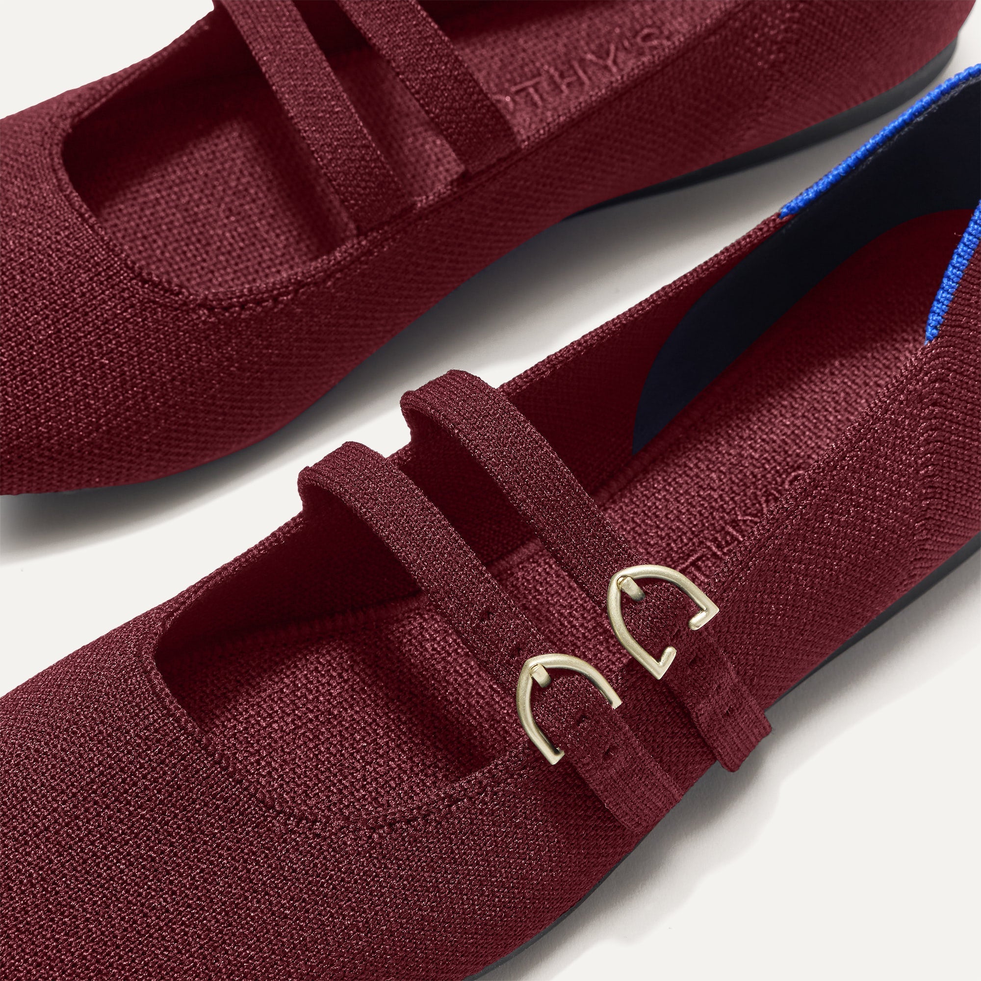 Close up of the buckle details of The Double Buckle Mary Jane in Cabernet.