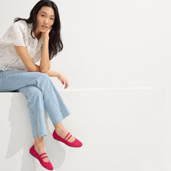 Alternate view of a model wearing The Double Buckle Mary Jane in Rouge Crochet.