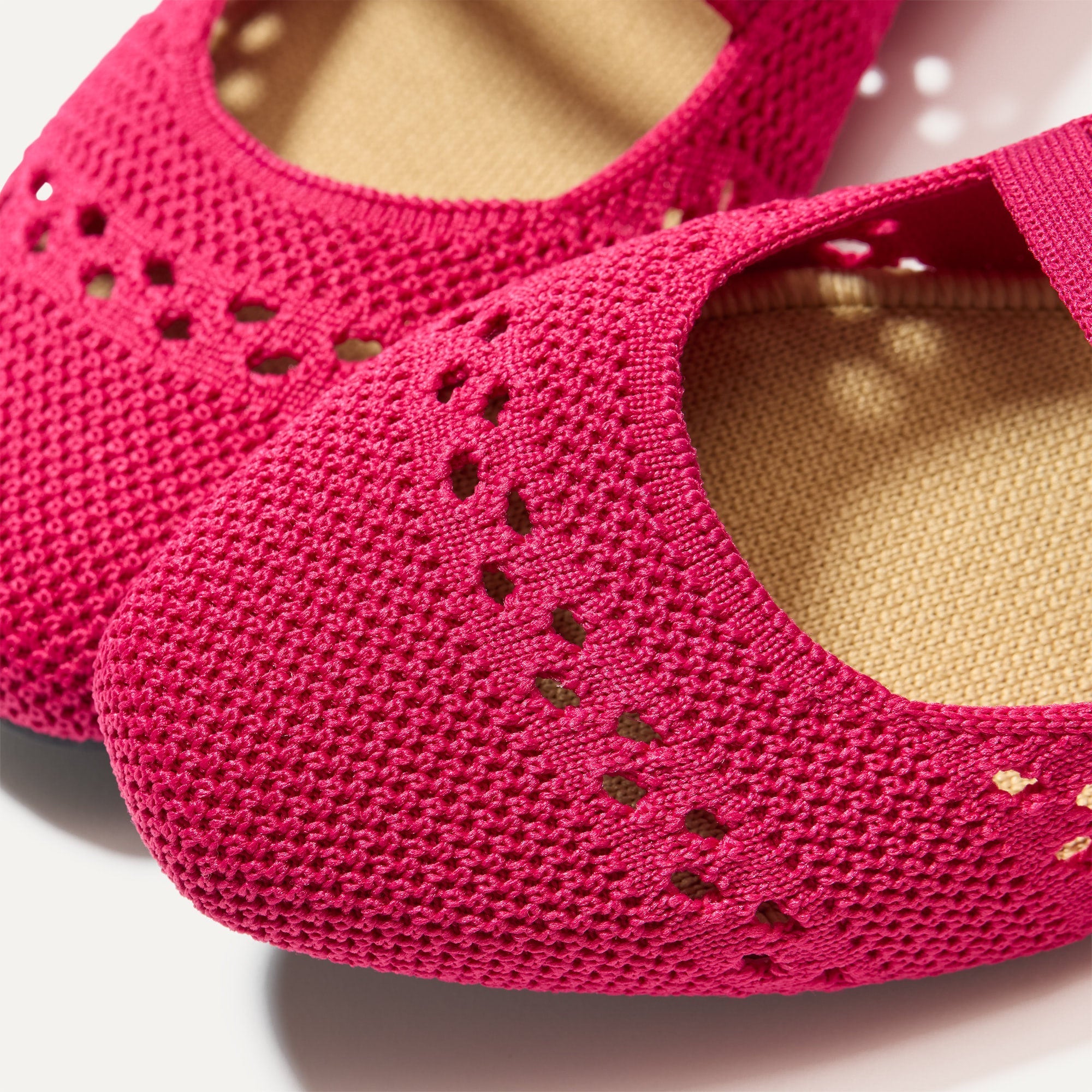 Close up of the toe and vamp of The Double Buckle Mary Jane in Rouge Crochet.