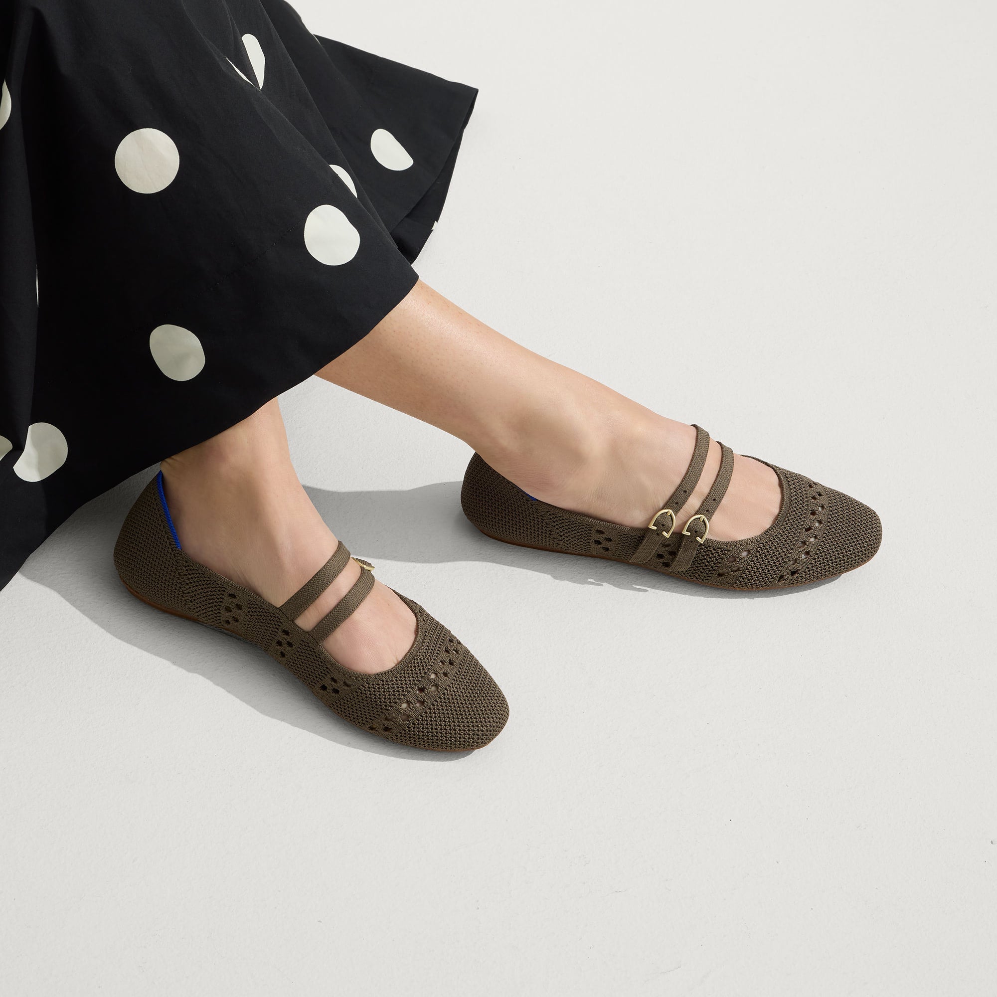 hover | Model wearing The Double Buckle Mary Jane in Safari Crochet.