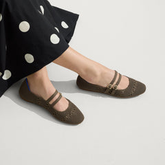 hover | Model wearing The Double Buckle Mary Jane in Safari Crochet.