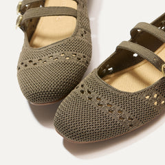 Close up of the toe and vamp of The Double Buckle Mary Jane in Safari Crochet.