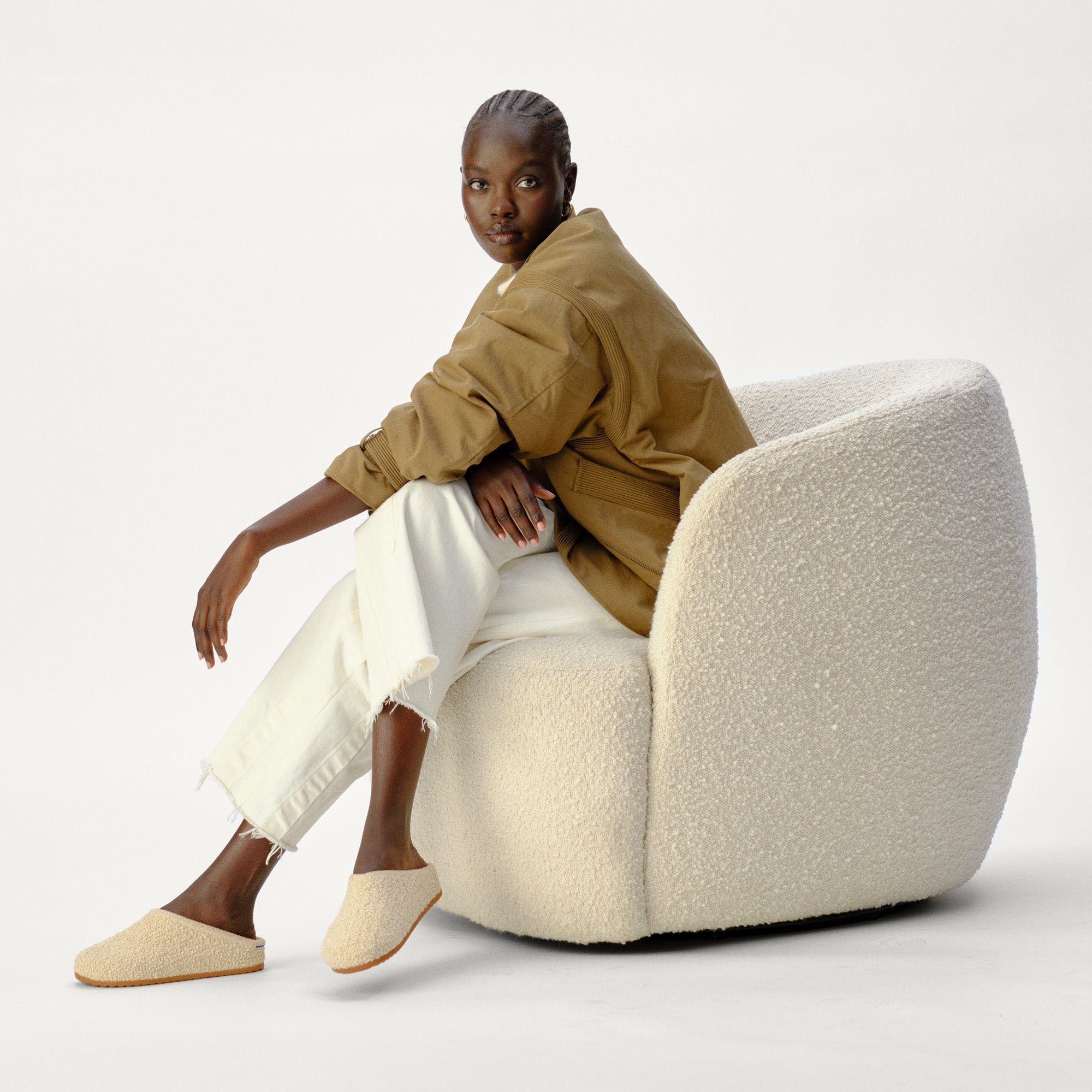 Alternate view of a model wearing The Cozy Clog in Honeybun Bouclé.