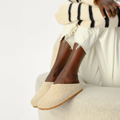 hover | Model wearing The Cozy Clog in Honeybun Bouclé.