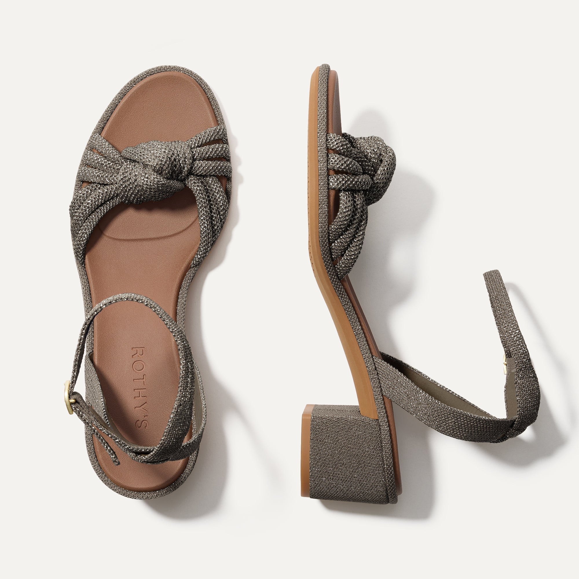The Knot Sandal in Silver Sand shown from the top.