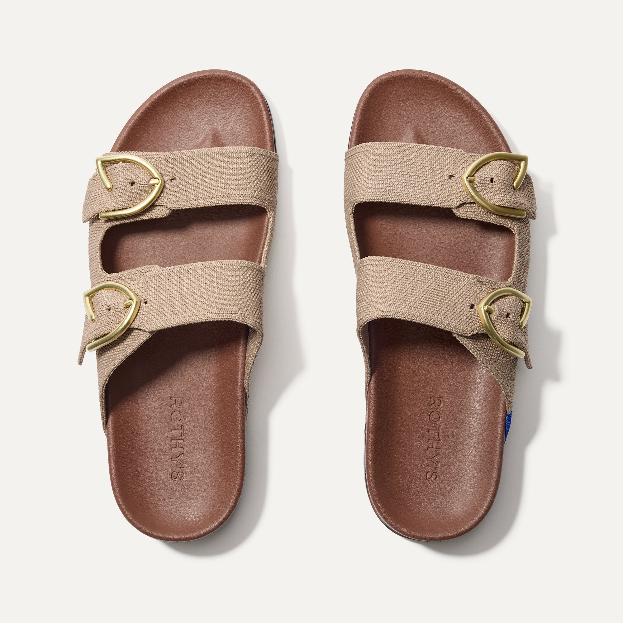 The Buckle Slide Sandal in Dune shown from the top.