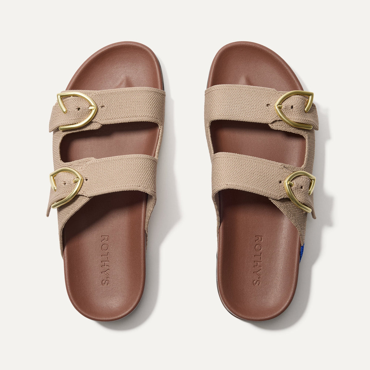 The Buckle Slide Sandal in Dune shown from the top.
