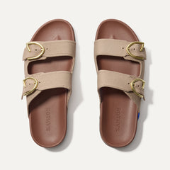The Buckle Slide Sandal in Dune shown from the top.
