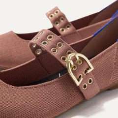 Close up of the buckle hardware and grommets on the straps of The Ballet Mary Jane in Hazel.