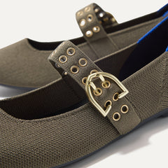 Close up of the buckle hardware and grommets on the straps of The Ballet Mary Jane in Safari.
