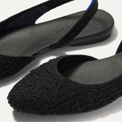 Close up of the toe and vamp on The Almond Slingback in Black Bouclé.