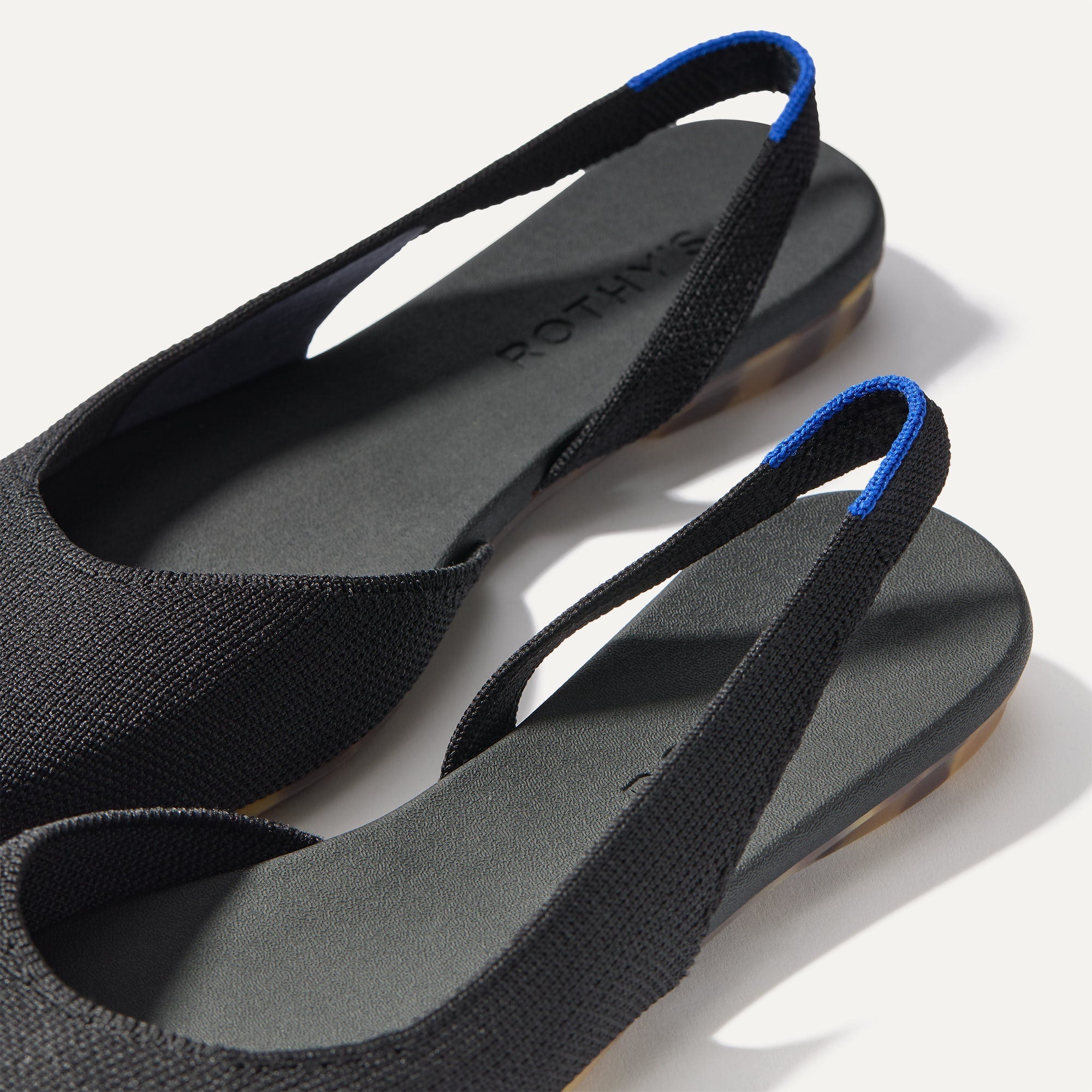 Close up of the strap on The Almond Slingback in Black, with Rothy's signature blue halo.