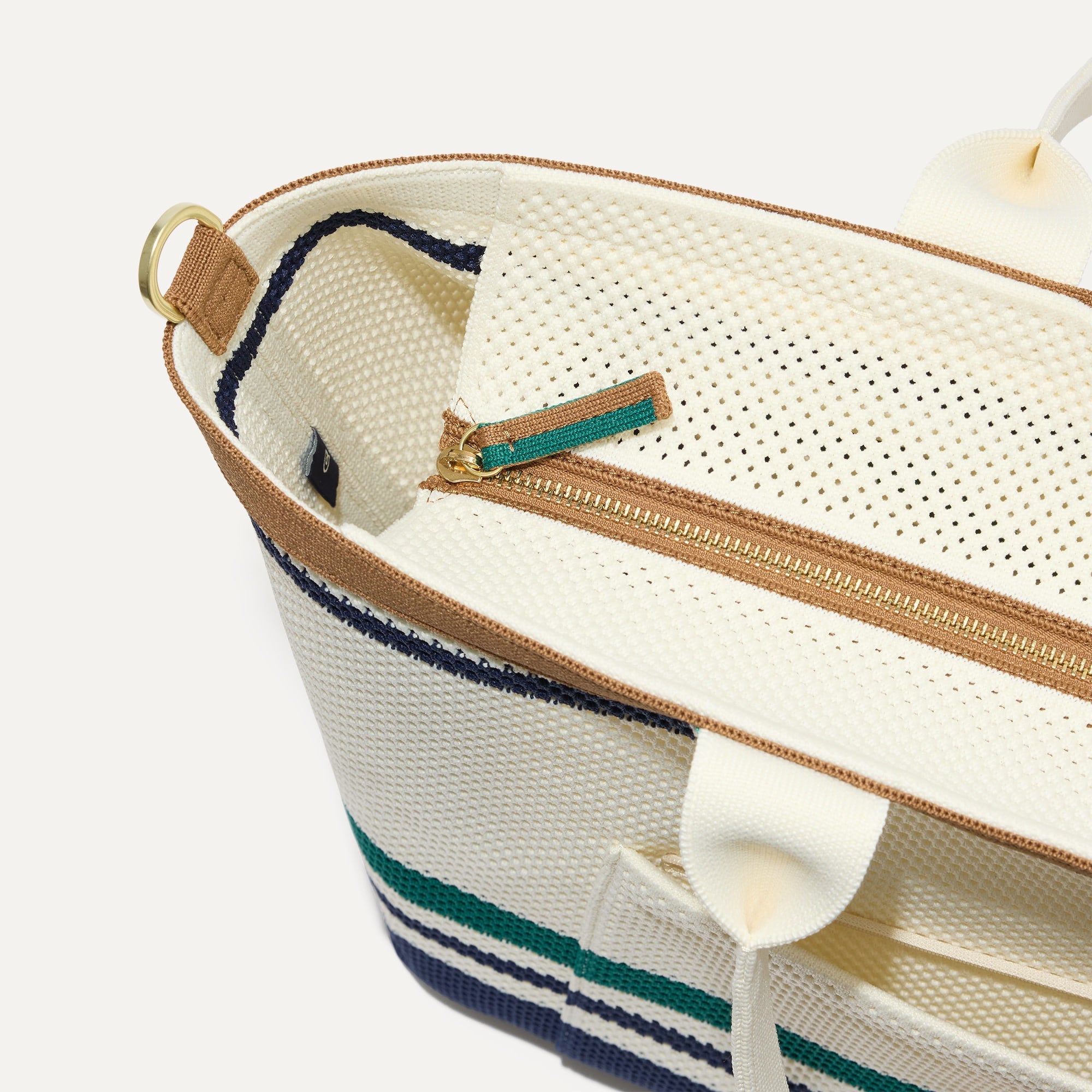 A close up of The Zip Travel Tote in Volley focusing on the zip closure and handles.
