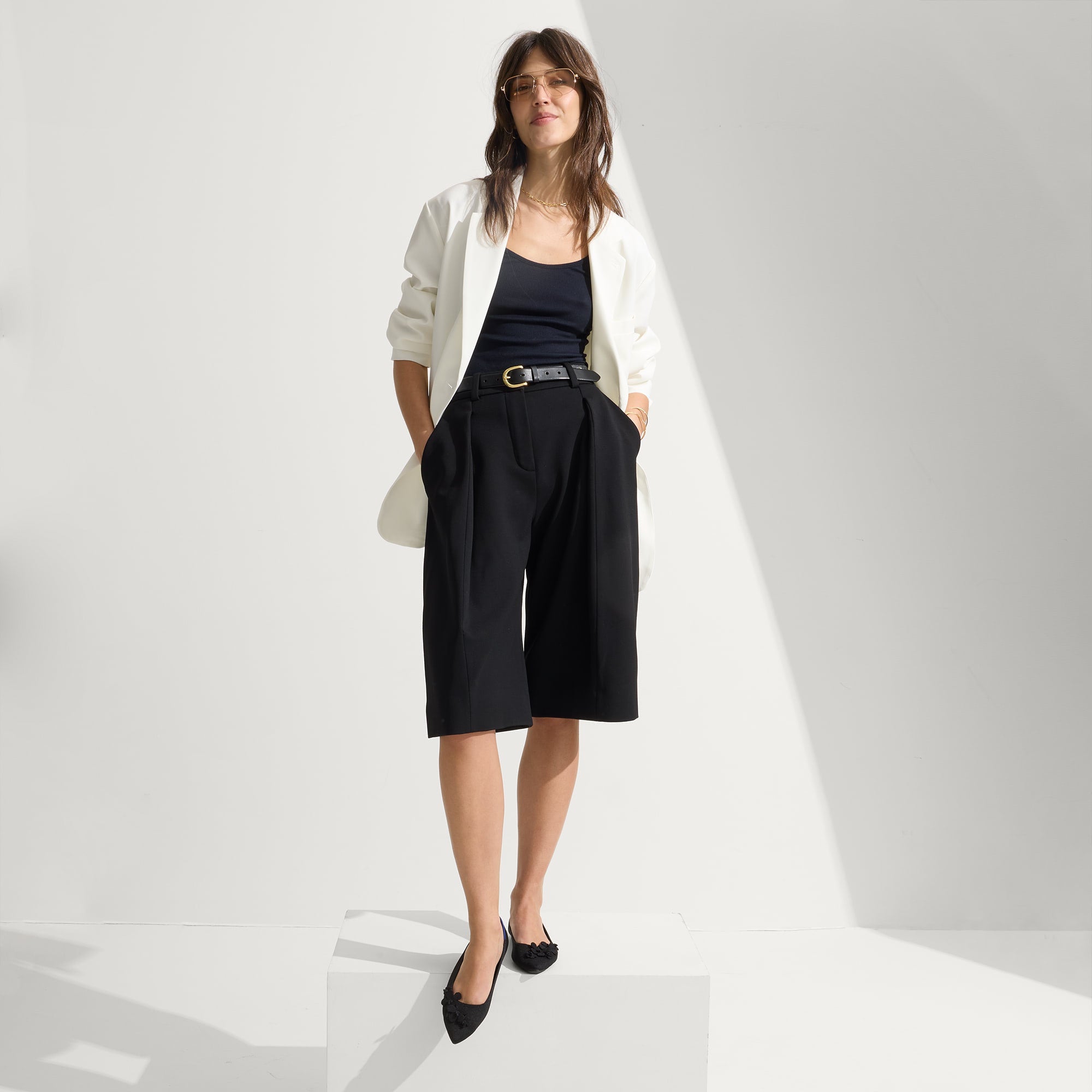 Alternate view of a model wearing The Petal Point II in Black.