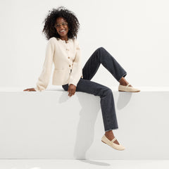 Alternate view of a model wearing The Max Buckle Mary Jane in Pearl Bouclé.