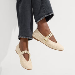 hover | Model wearing The Max Buckle Mary Jane in Pearl Bouclé.