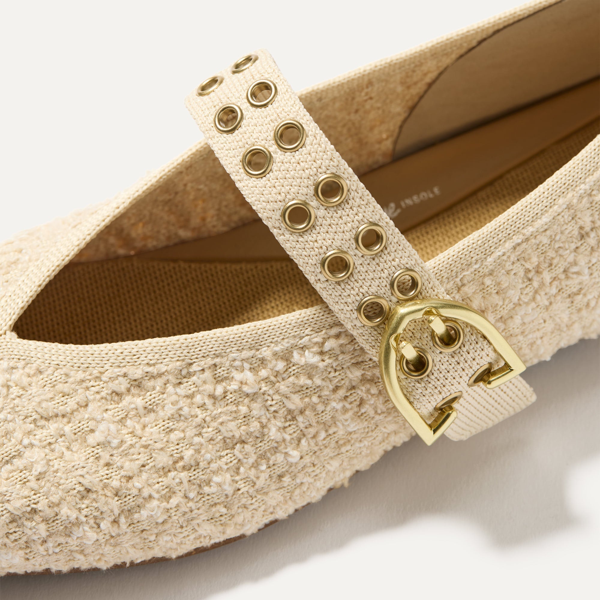 Top view of the square toe and V-shaped vamp of The Max Buckle Mary Jane in Pearl Bouclé.