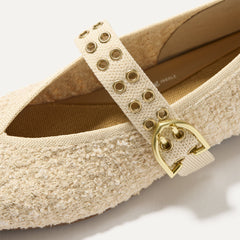 Top view of the square toe and V-shaped vamp of The Max Buckle Mary Jane in Pearl Bouclé.