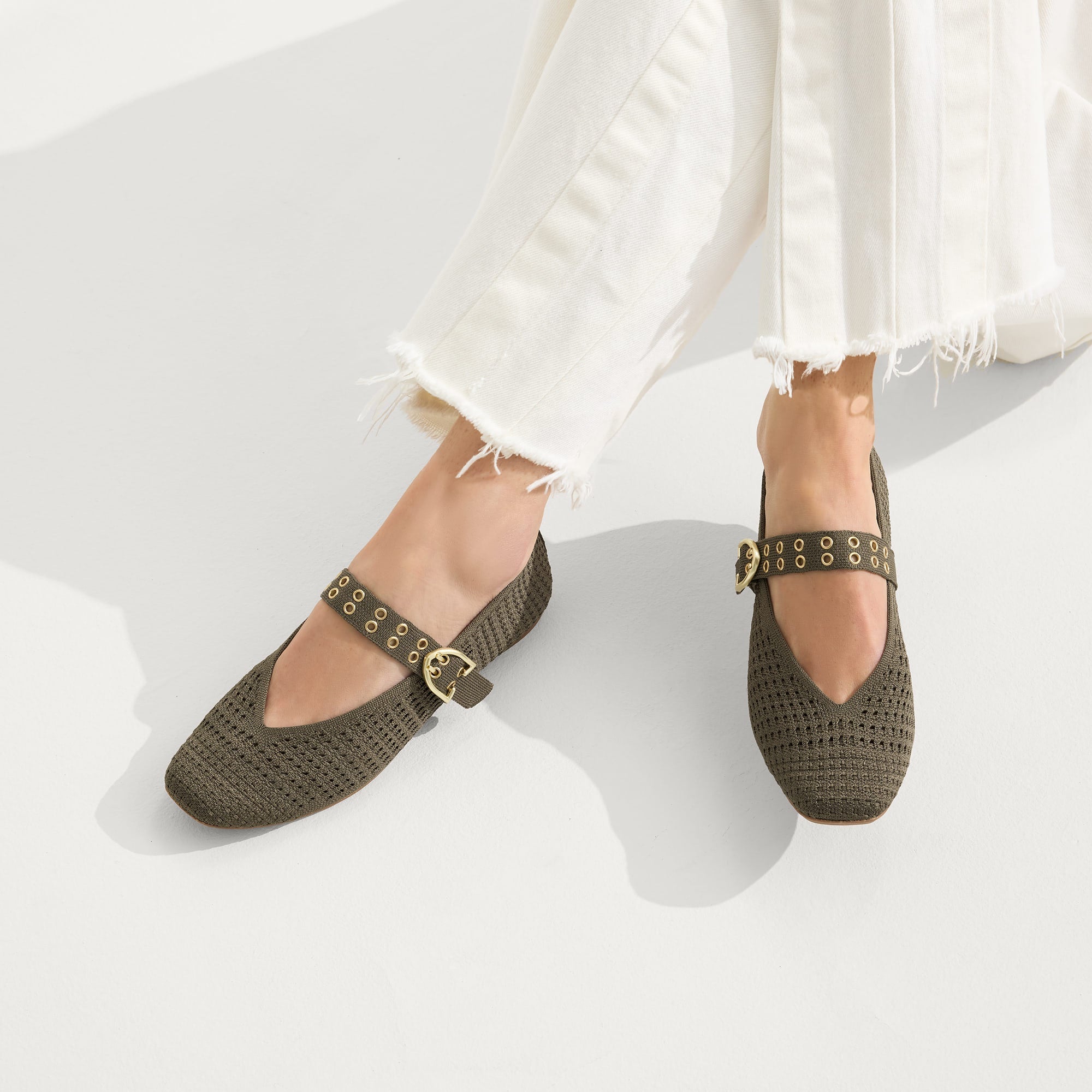 hover | Model wearing The Max Buckle Mary Jane in Safari Mesh.