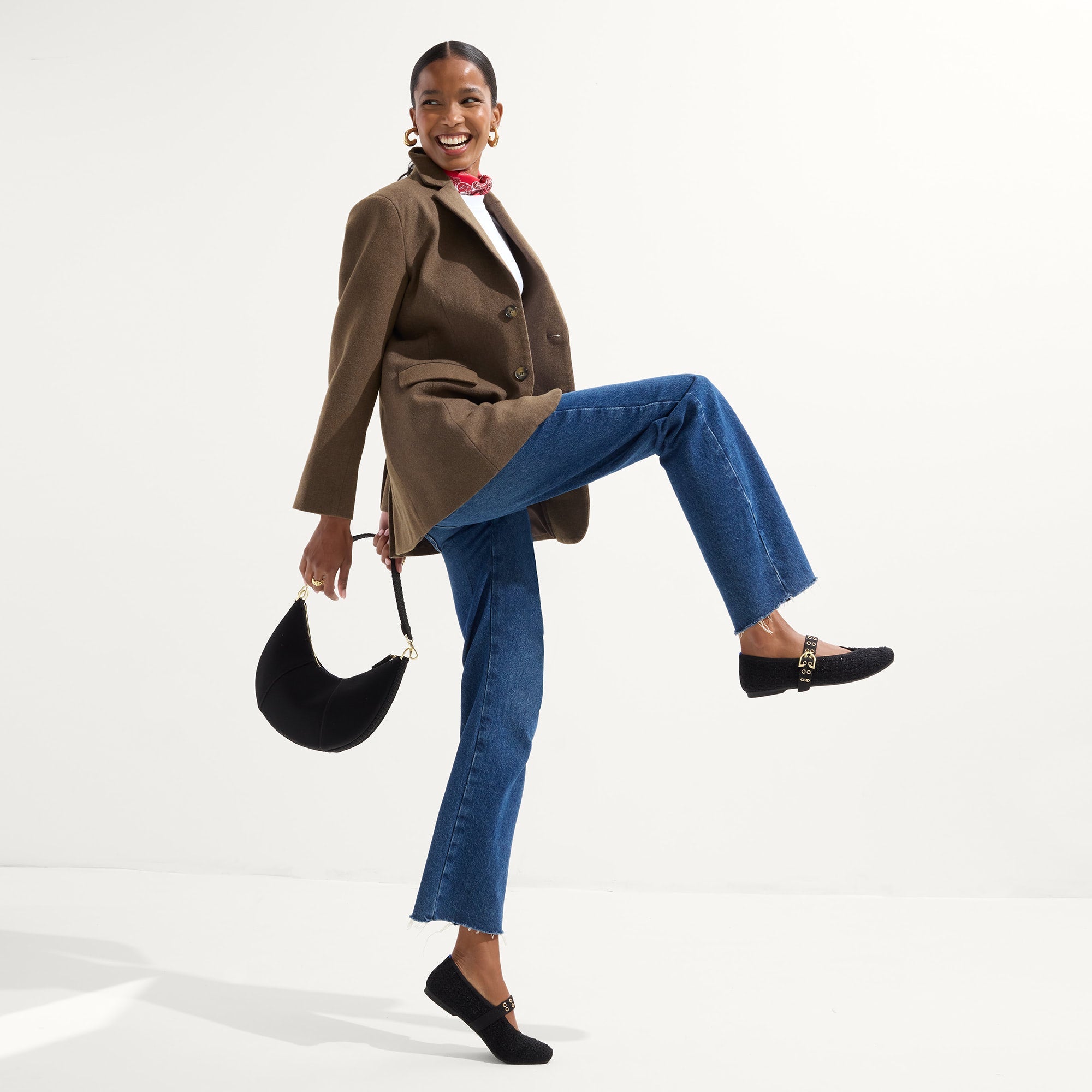 Alternate view of a model wearing The Max Buckle Mary Jane in Twinkle Bouclé.