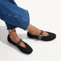 hover | Model wearing The Max Buckle Mary Jane in Twinkle Bouclé.