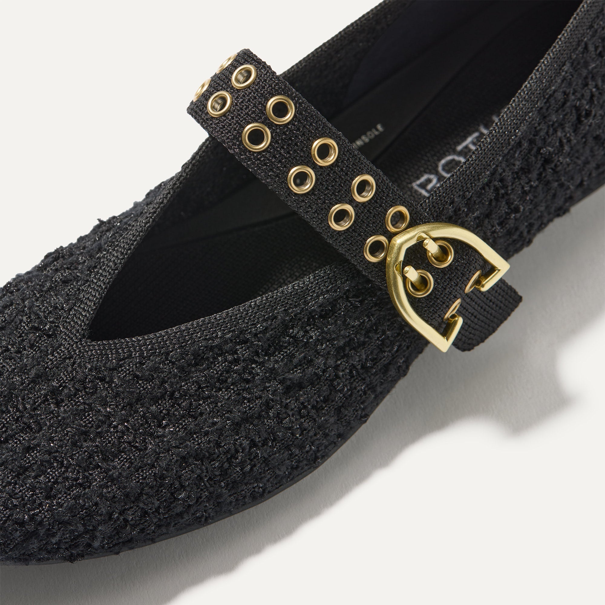 Top view of the square toe and V-shaped vamp of The Max Buckle Mary Jane in Twinkle Bouclé.