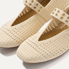 Top view of the square toe and V-shaped vamp of The Max Buckle Mary Jane in Off White Mesh.