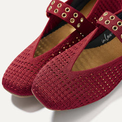 Top view of the square toe and V-shaped vamp of The Max Buckle Mary Jane in Ruby Mesh.