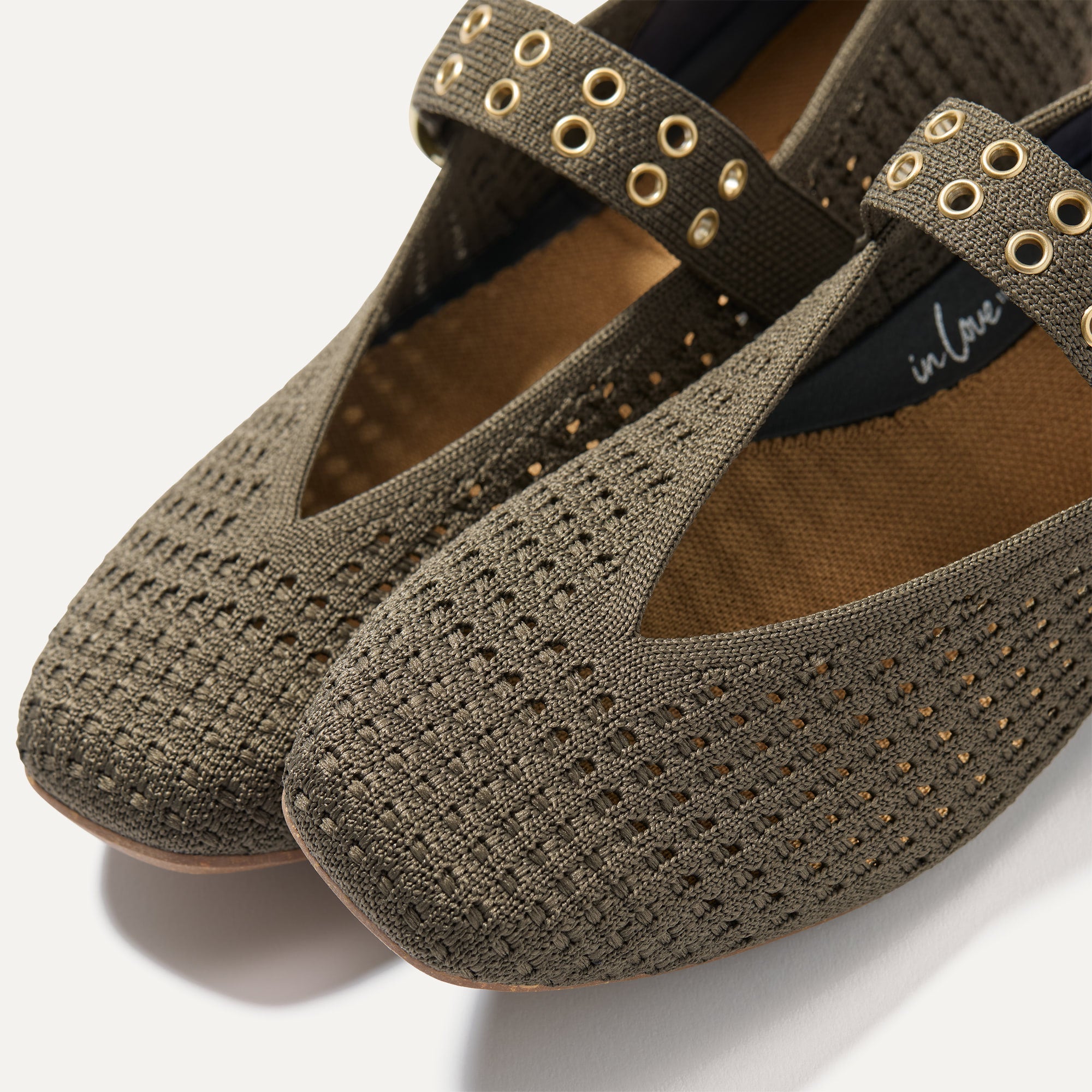 Top view of the square toe and V-shaped vamp of The Max Buckle Mary Jane in Safari Mesh.