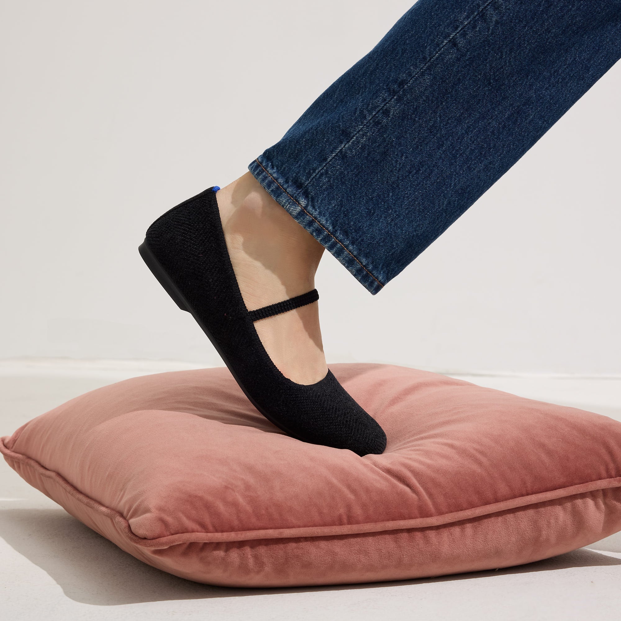 hover | Model wearing The Max Square Mary Jane in ReVelvet™ Black.