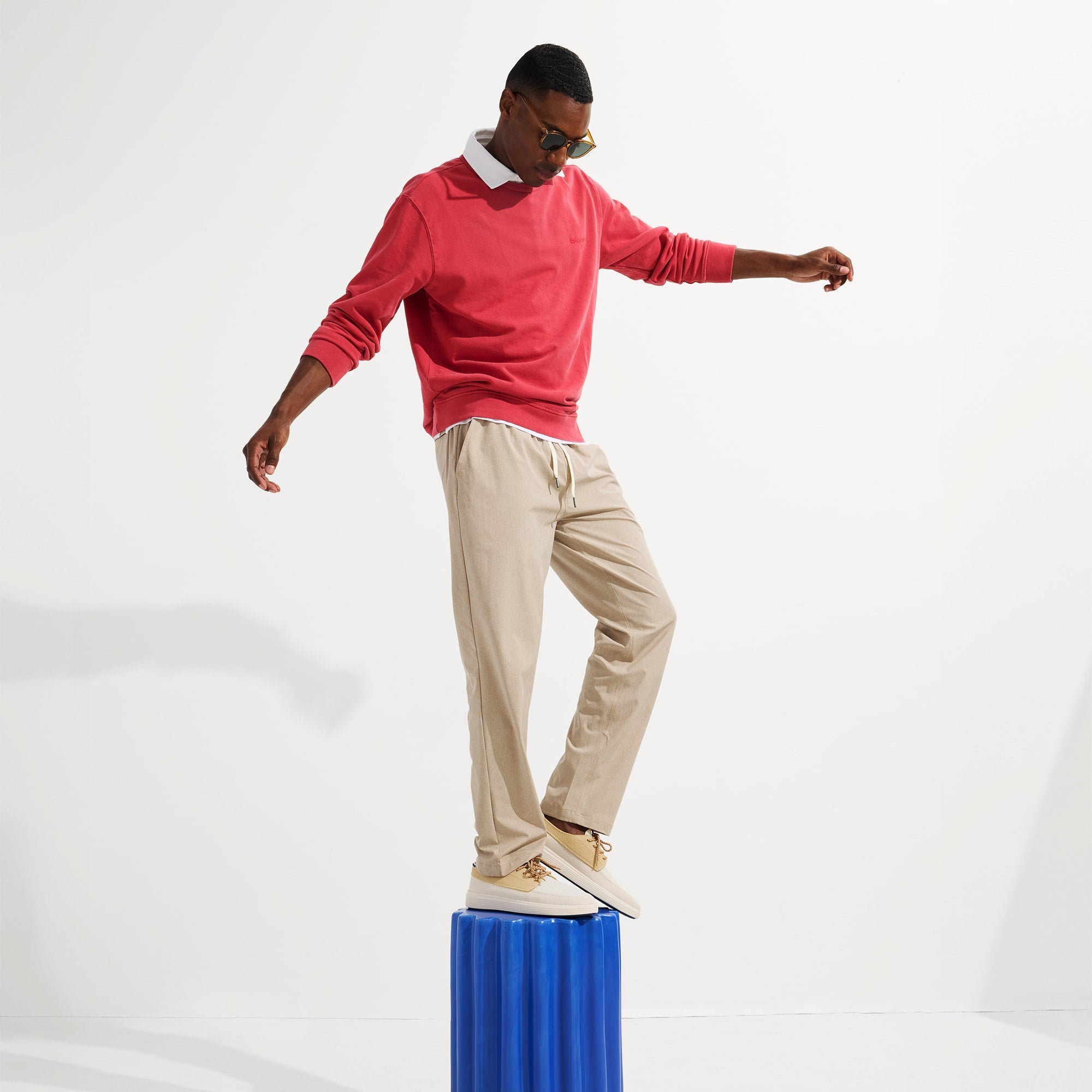 Alternate view of a model wearing The Ravello Boat Shoe in Surf.