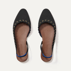 The Almond Slingback in Eyelet Black shown from the top.