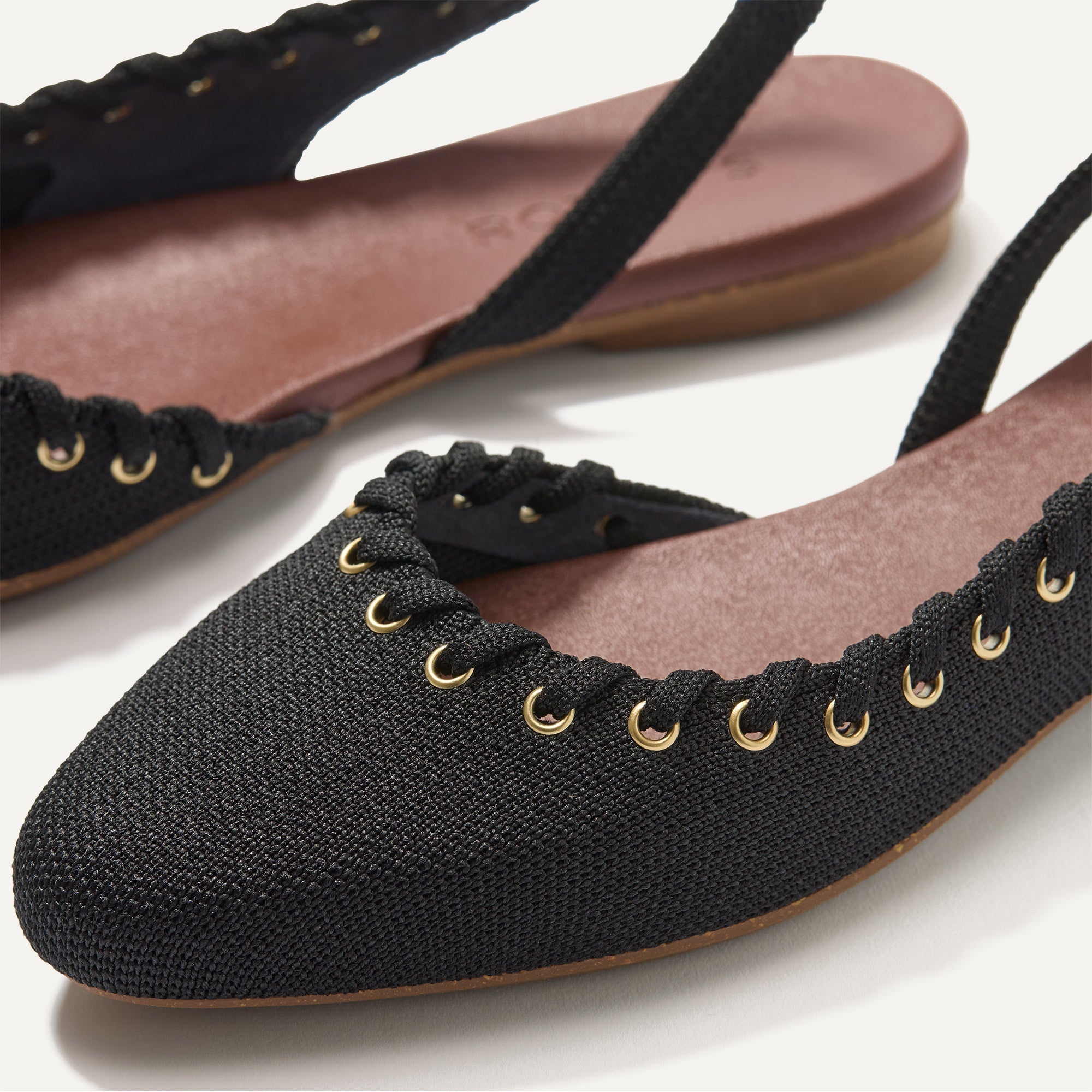 Close up of the toe and vamp on The Almond Slingback in Eyelet Black.