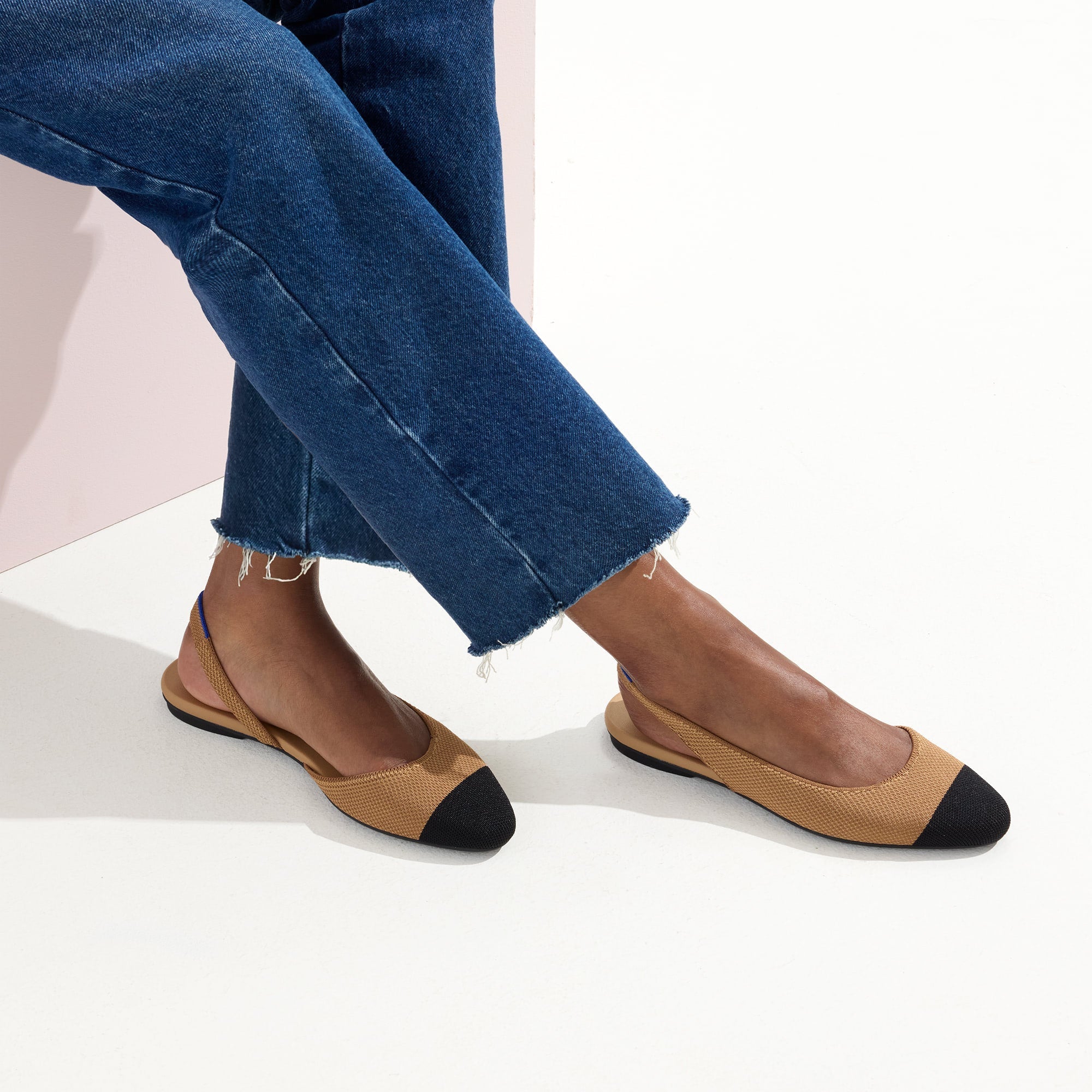hover | Model wearing The Almond Slingback in Tawny Captoe.