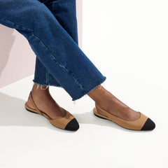 hover | Model wearing The Almond Slingback in Tawny Captoe.