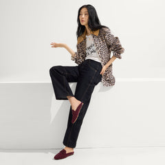 Alternate view of a model wearing The Double Bit Loafer Mule in ReVelvet™ Syrah.