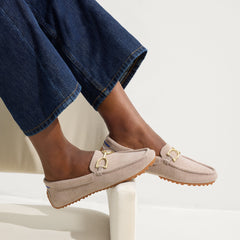 hover | Alternate view of a model wearing The Double Bit Driver in ReVelvet™ Dove.